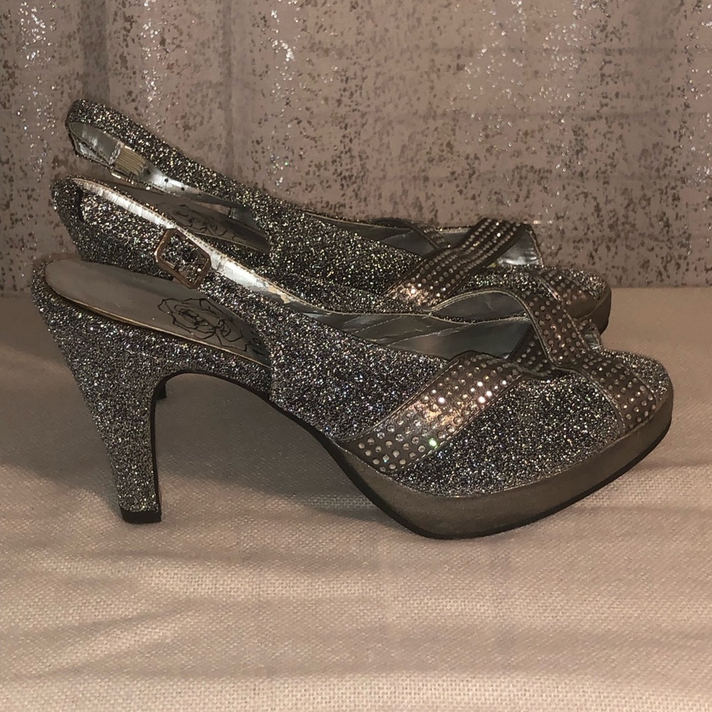 Floral Brand: silver glitters rhinestones high heels, pre-owned. Size 8 1/2WW.